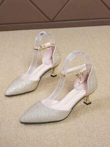 1 Pair Fashionable New Style Teenager High Heel Shoes, One-Buckle Design, Shiny Upper With Kitten Heel, Crystal Shoes For Formal Occasion