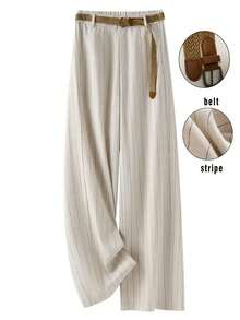 女士腰带中腰条纹色织复古优雅休闲办公室直筒裤（含腰带） - 杏色 - 查看 2