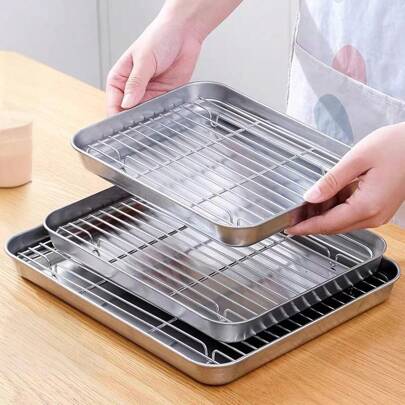1 Piece Stainless Steel Grill Pan Square Dish Drainer Tray, Sizes 11, 10 And 8.6 Inches, Easy To Clean, Set, Grill Pan Mesh Rack Drainer Prep Tray, St