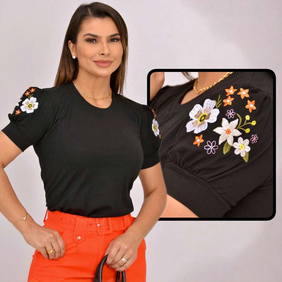 Women's Marsala Blouse Elegant Casual Puff Sleeve Embroidered T-Shirt Luxury Comfortable 100% Cotton