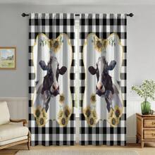 2 Panel Cow Farmhouse Kitchen Curtain Rod Pocket Short Sunflower Farm Animal Cow Plaid Pattern Living Room Bedroom Window Curtain