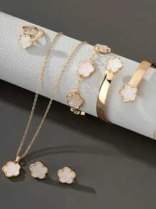 1 set (5 pièces) - Parure de bijoux en alliage à motif de fleur porte-bonheur, cadeau à la mode pour femmes, bracelet en cristal guérisseur pour la guérison de l'énergie spirituelle, convient pour un port quotidien, cadeau idéal pour la petite amie, l'épouse ou la partenaire