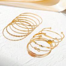 13-12-11-7-6-5pcs Set Fashionable Textured Heart-Shaped Metal Bangle Bracelets For Women, Bohemian Style Adjustable Stacking Bangles Suitable For Daily Life And Party Wear, Ideal Gift For Friends And Family Holiday