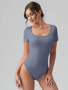 OQQ Women Bodysuits Ruched Short Sleeve Square Neck Stretch Lounge Travel Bodysuits - Blues - View 2