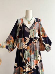 Rusttydustty Đầm maxi nữ in hoa dáng rộng, phong cách bohemian đi biển, mang hơi hướng khu nghỉ dưỡng nhiệt đới, thanh lịch. - Màu xanh hải quân - Xem 5