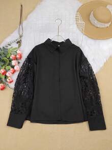 Plus Women's Lace Hollowed Out Long Sleeved Shirt
