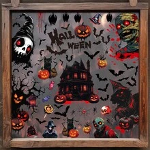 2 pièces Stickers fantôme d'horreur d'Halloween, zombie, chauve-souris pour décoration de fenêtre en verre, stickers de décoration pour fête hantée d'Halloween