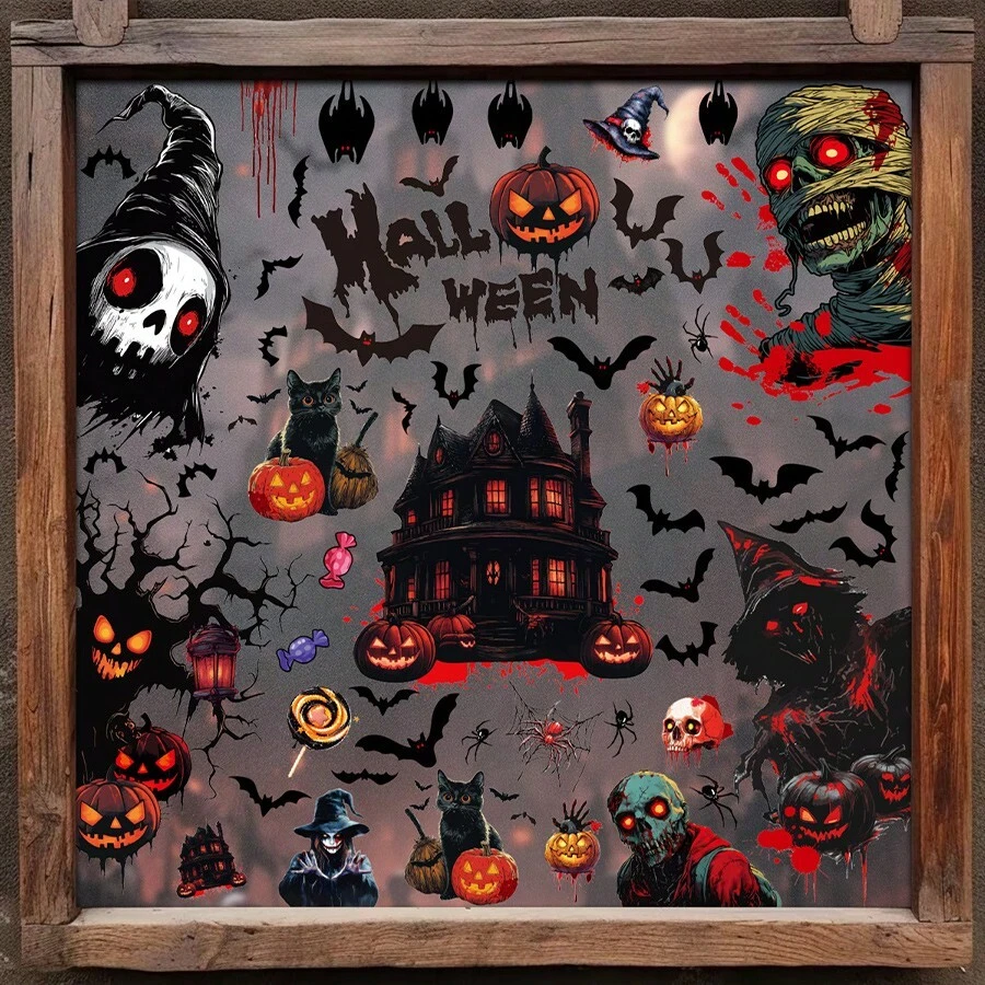 2 pièces Stickers fantôme d'horreur d'Halloween, zombie, chauve-souris pour décoration de fenêtre en verre, stickers de décoration pour fête hantée d'Halloween