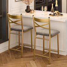 mteryoing Juego de taburetes de bar modernos, taburete de bar de metal con respaldo y reposapiés, taburete de bar de altura de mostrador, silla de isla tapizada para comedor y cocina. - Oro (2 piezas) - Ver 2