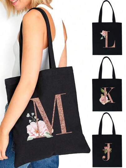 Women Shopping Bag Canvas Bags Tote Bags Reusable Grocery Handbags Storage Bag Rose Gold Letter Name Initials Pattern Travel Shoulder Bags Large Capacity Student Tote Handbag Large Capacity Canvas Tote Shoulder Bag Grocery Bag