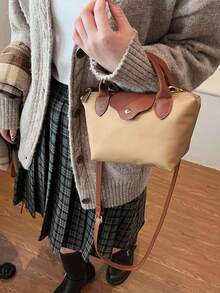New Ladies Nylon Casual Solid Color Tote Shoulder Handbag Crossbody Bag - Khaki - View 3