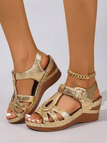 2025 Summer New Retro Thick Platform Black Solid Color Patchwork Versatile Leather Sandals, Breathable Comfortable Round Toe Slingback With Buckle Lightweight Sole, Daily Match Platform Sandals For Women - Gold - View 7