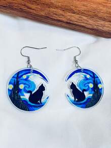[Unique 2D Van Gogh Earrings] 1-Pair Van Gogh Starry Night Black Cat Earrings - Unique 2D Effect Acrylic, Exquisite Earrings, Perfect For Parties & Gifts, Suitable For Daily Wear