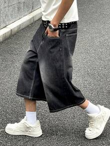 男士黑色条纹提花牛仔七分裤，宽松美式街头风格休闲牛仔短裤，适合送给男朋友、丈夫