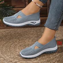女士休闲透气一脚蹬步行运动鞋 - 纯色面料鞋面，镂空设计，轻质 PU 鞋底，四季舒适鞋，平头低帮平底鞋 - 藍色 - 查看 5