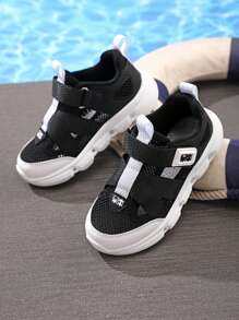 1 Pair Teenagers' Mesh Breathable Sports Shoes, Hollow Design, Elastic Upper, Hook & Loop Closure For Easy On/Off, Contrast Color Combination, Fashion & Versatile, Non-Slip & Durable Sole, Suitable For Daily Running, Sports, Travel & Multiple Scenarios