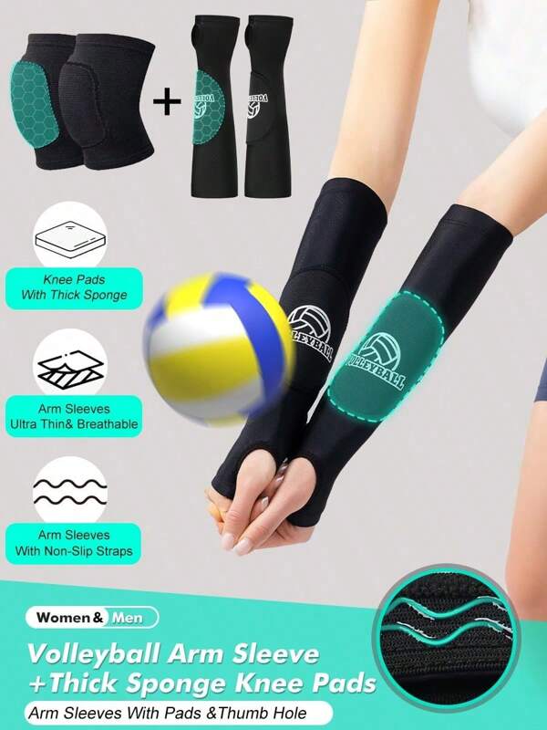 1 set - 1 paire de manchons de bras de volley-ball + 1 paire d'épais manchons de genoux en éponge, manchons de bras avec coussinets et trou pour le pouce pour le service et les frappes, convient au volley-ball, hommes et femmes - noir