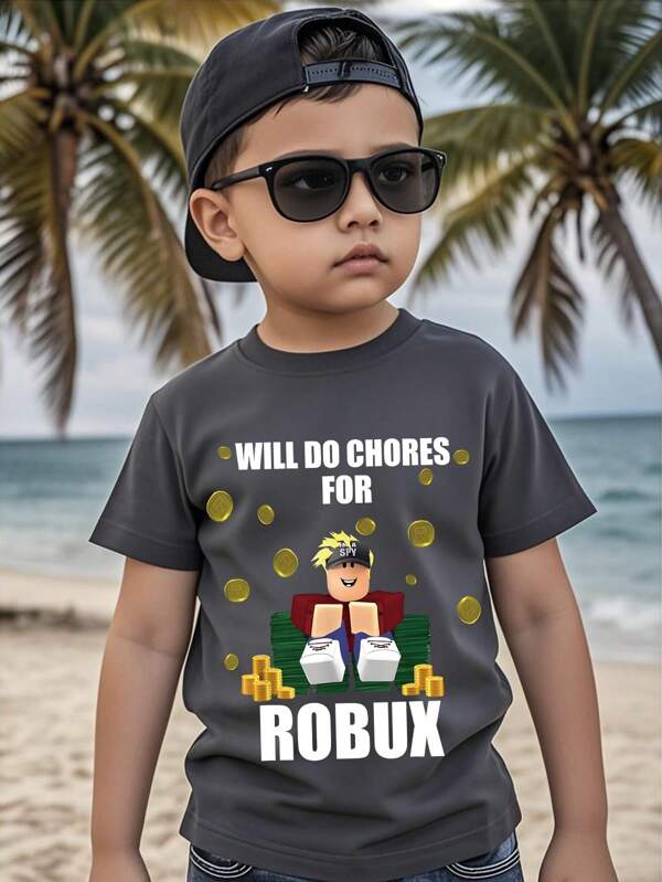 Young Boy Slogan & Cartoon Pattern Short Sleeve T-Shirt