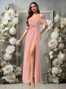 Volly Toych Baby Pink Autumn Outfits A-Line V-Neck Floor-Length Pleated Chiffon Elegant Formal Bridesmaid Dress,Wedding Guest Dress