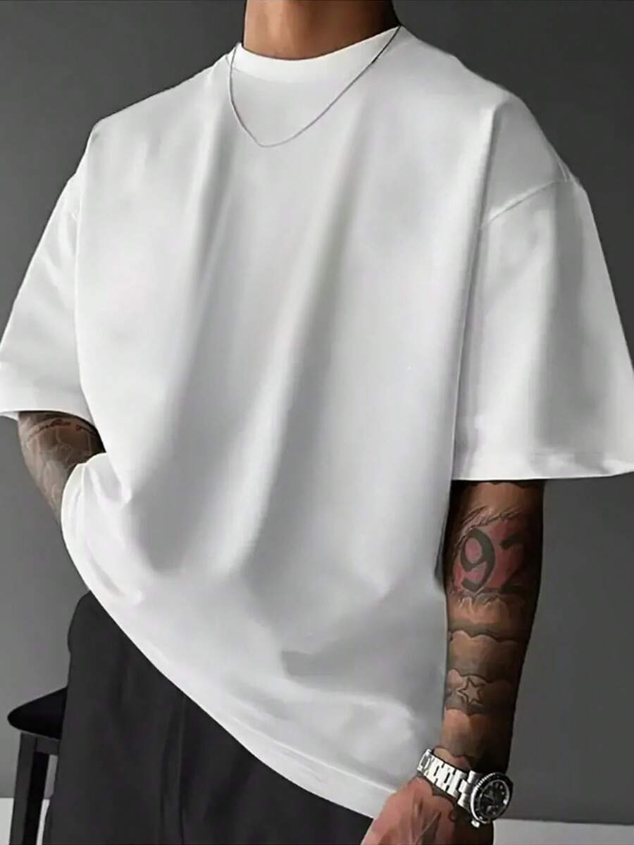 男士纯色短袖T恤，夏季时尚 - 白色 - 查看 1