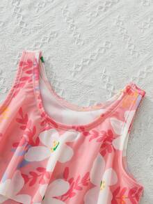 2pcs Young Girls Ditsy Floral Digital Print Sleeveless One-Piece Swimwear & Shorts Set, Summer - Orange - View 4