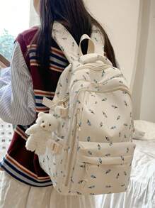 Mochila Feminina de Impressão Colorida Contrastante com Decoração Fofa de Urso, Design de Vários Bolsos de Grande Capacidade para Viagem, Trabalho, Escola, Alças de Ombro Ajustáveis, Adequado para Lazer, Compras, Estudante