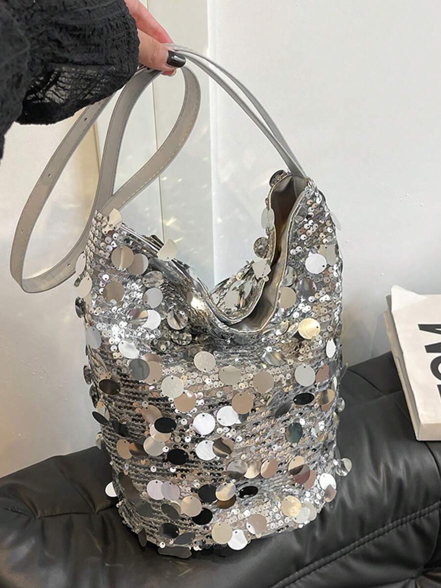 Fashionable Shiny Shoulder Bag, Personalized Sequin Large Tote For Shopping, Stylish Work Commuting Backpack