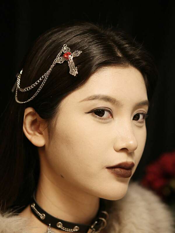 1pc Rhinestone Cross Chain Hair Clip, Creative Korean Baroque Retro Gothic Lolita Dark Palace Cross Hair Accessory, Punk Style ,Flat Claw Clip, Claw Clips, Clips For Hair, Hair Slide, Hair Claws
