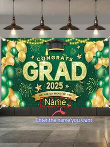 1 件可定制姓名 2025 届毕业生庆祝派对横幅，涤纶材质学士帽蓝/黑金/蓝金/绿图案摄影背景，个性化大学毕业横幅教室背景，家居和户外装饰用品，毕业典礼，派对装饰，三种尺寸可供选择