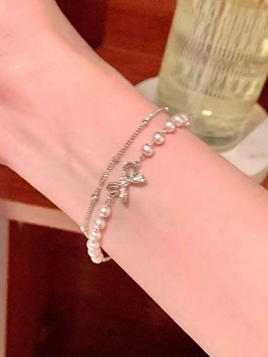 1pc Luxury Double-Layer Bowknot & Pearl Stacked Bracelet (Bead Quantity Varies, Please Note If Concerned)
