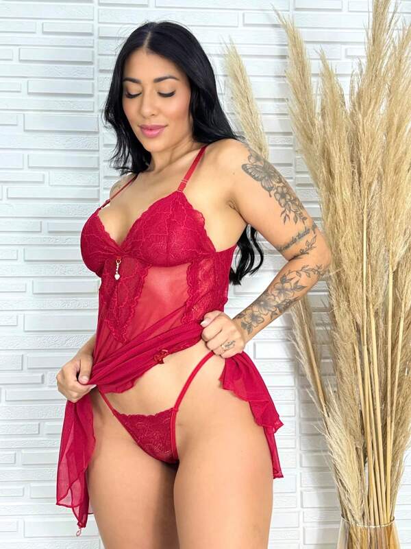 Camisola Sexy Tule Renda Com Calcinha Sensual Adulto Feminina Luxo Pingente Moda Intima Lingerie