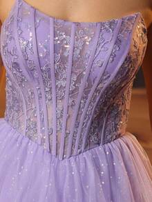 Strapless Sparkly Lace Embroidery Prom Gown With Boned Tulle Corset Glitterin Hem Homecoming Dresses A Line Long Elaborate Lace Sequin Party Ball Gown - 淡紫色 - 查看 10
