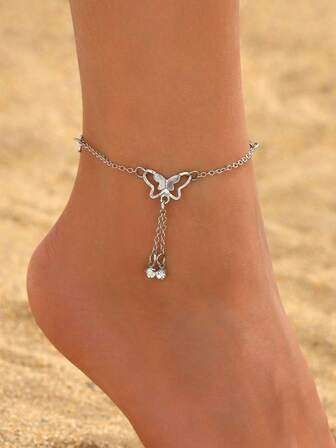 1 件简约优雅蝴蝶流苏时尚脚链，百搭，适合女性度假和日常穿着