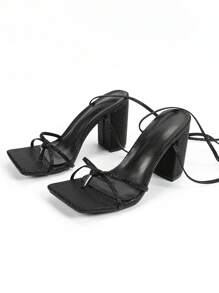 Women's Black Square Toe Lace-Up Sandals, Fashionable Sexy Cross-Strap Party High Heels, Elegant Comfortable Chunky Heel Shoes, Flattering & Leg-Lengthening