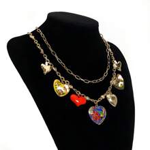 2 Stücke bohemian-artiger mehrschichtiger Halskette mit Herz-Anhänger, modischer bunter Herz-Charm doppelte Ketten Halskette, geeignet für Frauen Alltagsparty, Geschenk