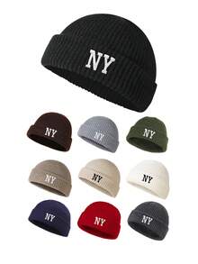 1 件男士纯色百搭 3D 刺绣纽约便帽，针织无檐帽，适合秋冬日常穿着秋季服装 - 彩色 - 查看 11