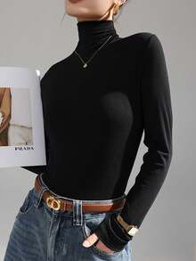 Cuello alto Manga larga Body negro Slim Tight Fit Color sólido Basic Versátil - Negro - Ver 6