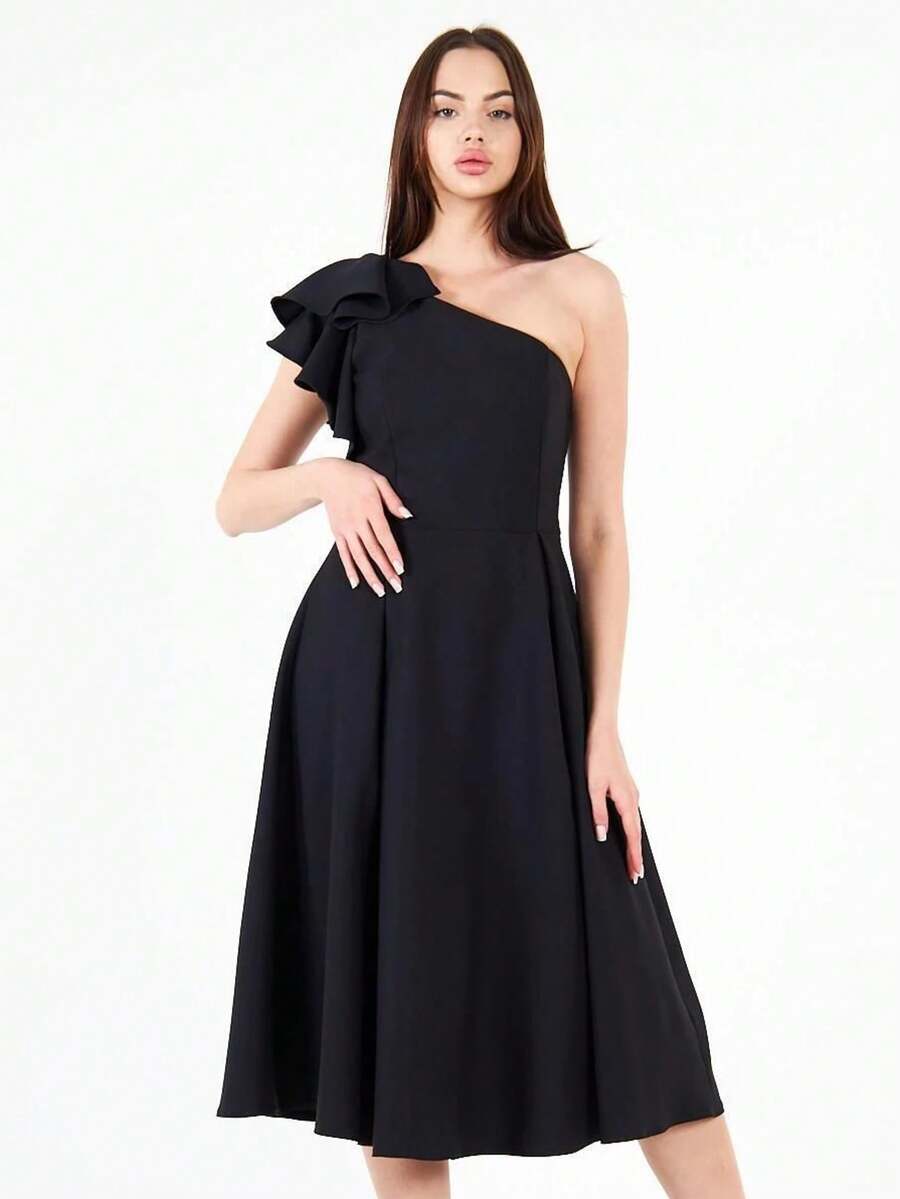 CEYLEN Women's Solid Color One Shoulder Ruffle Sleeve Elegant Mid-Length Dress - Black - View 1