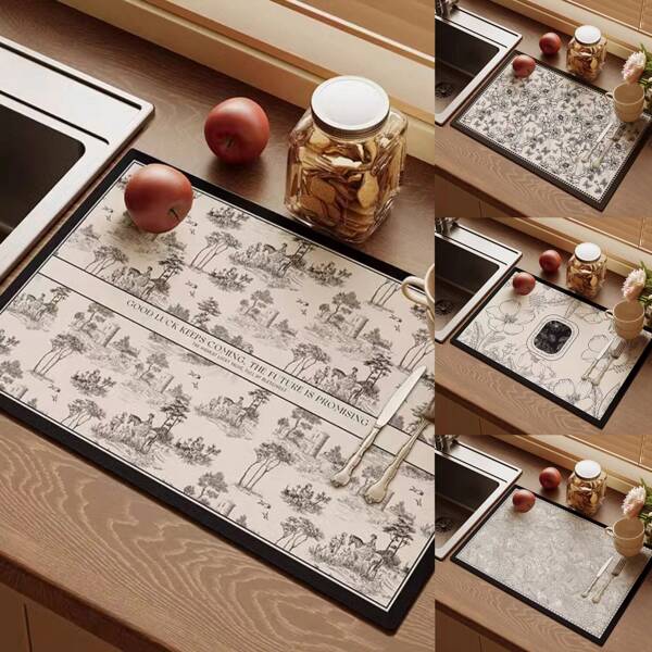 1pc Multi-Function European & American Retro Style Plant Printed Diatomite Absorbent Mat, Water-Absorbing, Non-Slip, No Wash Needed, Rectangle Shaped, Suitable For Kitchen Countertops, Sink, Coffee Makers, Bathroom Vanity, Etc.
