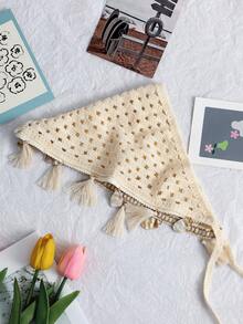 1 件女式头巾奶油色海洋贝壳流苏针织镂空蕾丝头带，波西米亚风格适合日常佩戴、运动、海滩度假发饰钩针头巾时尚头巾休闲发带，头巾秋冬 - 米色 - 查看 5