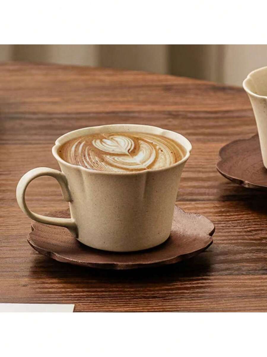 1 pièce Tasse à café en céramique texturée florale de 200 ml avec sous-tasse en bois, tasse à latte de haute qualité, ensemble créatif de tasse et soucoupe à thé, micro-ondes et lave-vaisselle, convient pour la maison, le bureau, le café