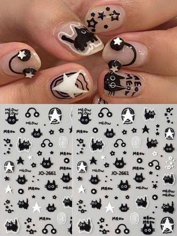 1 pieza Pegatinas de arte de uñas con diseño de gato negro estrella blanco de dibujos animados lindos, calcomanías de uñas de animales, suministros DIY para uñas, encanto, decoraciones de estilo japonés, suministros de encantos para el arte de uñas