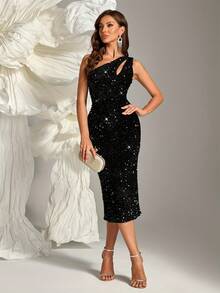 Navy Blue Hollow Out Backless Zipper Back High Waist Sequin Midi Party Dress, Suitable For Christmas, Back To School, Birthday Wedding Black Spring - Black - View 7