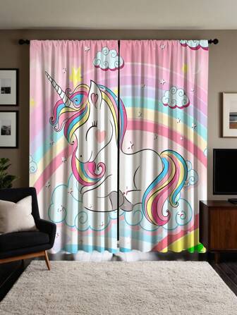2pcs Rainbow Unicorn Print Sheer Polyester Curtain Panels - With Rod Pocket Design, Easy To Hang, Suitable For Living Room, Dining Room, Bedroom Decor, Living Room Curtain