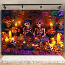 1 banner orizontal 2D din poliester, design schelet Ziua Morților, recuzită multifuncțională pentru cabină foto, potrivit pentru Halloween, decor de perete, fundal de petrecere, decorare neelectrică pentru casă și evenimente