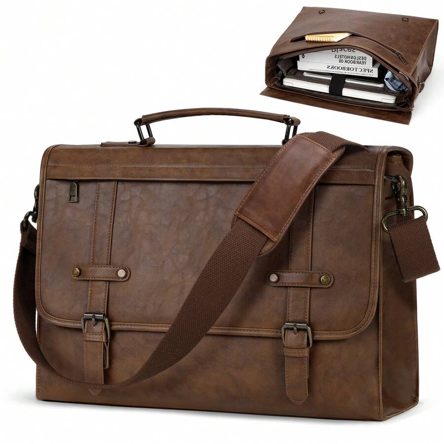 NEWHEY Men Messenger Bag 17 Inch Waterproof Vintage Leather Laptop Briefcase Large Computer Laptop Bag Satchel Bag Retro Shoulder Bag Back To School