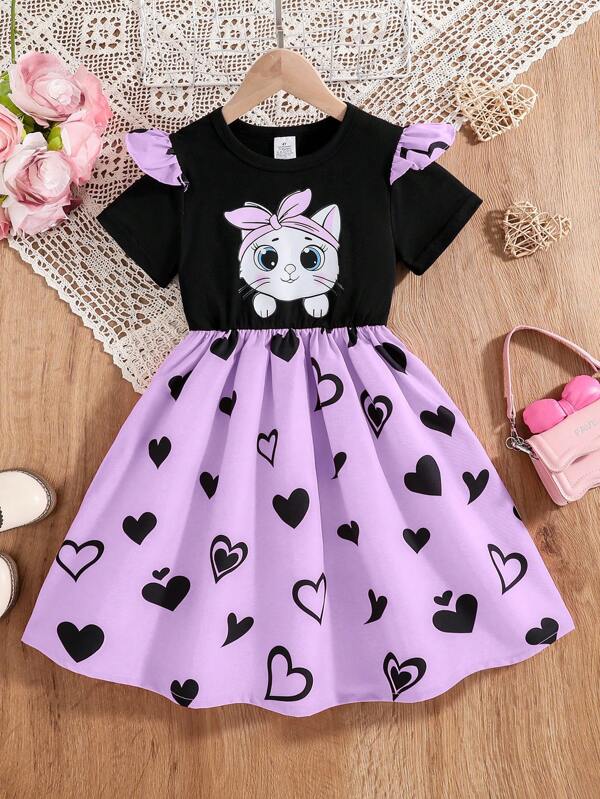 Girl's Lively Casual Cute Fashion Spring/Summer New Outfit, Cartoon Cat Print Round Neck Drawstring Waist Heart Ruffle Hem Dress, Soft & Comfortable, Elegant Personalized, Suitable For Commuting & Outdoor Summer Wear