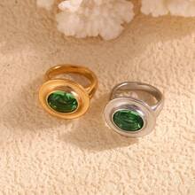 MamacitaSlay 1pc Vintage Style Stainless Steel 18K Gold Plated Elliptical Green Zirconia Stone Personalized Ring