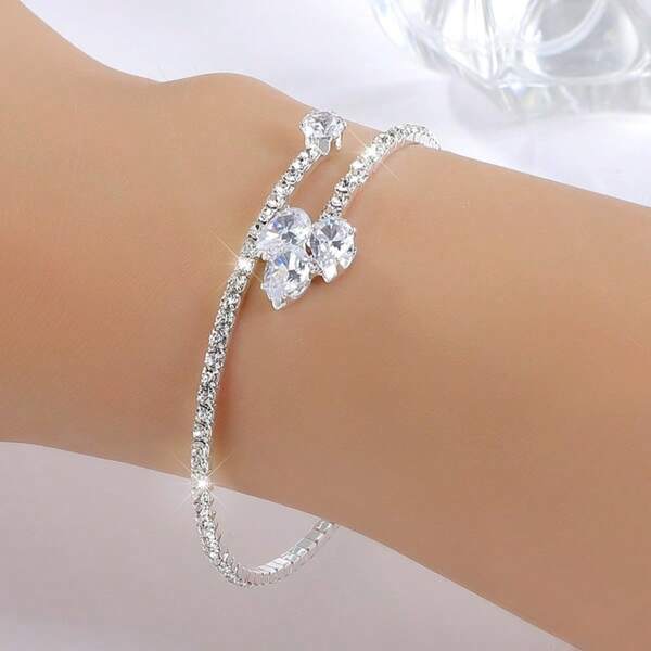 1 Pc Elastic Open Bangle With Full Cubic Zirconia Embedded Claw Chain Bracelet, Bridal Jewelry