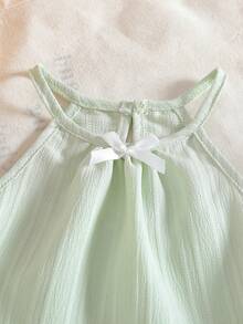 Baby Girls' Solid Color Spaghetti Strap Bowknot Ruffle Hem Top And Straight Leg Pants 2 Piece Outfit, Suitable For Daily Outings, Spring/Summer - Mint Green - View 5